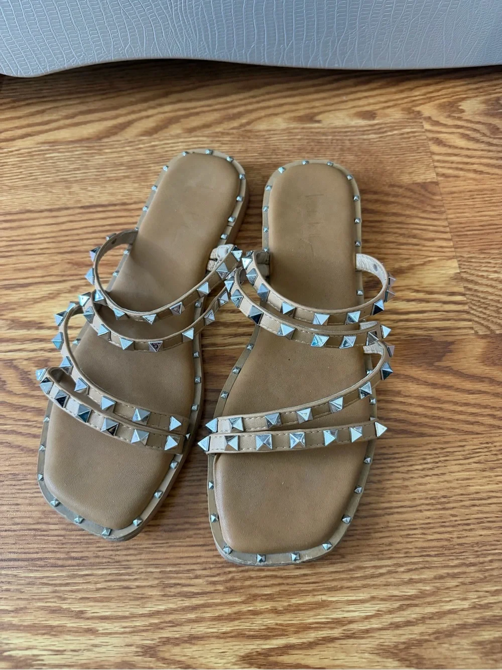 Studded Tan Leather Strappy Slide Sandals